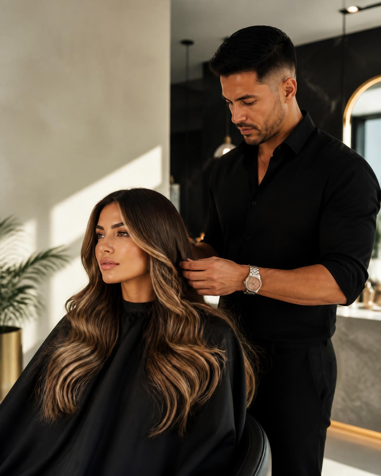 Estilista dando los últimos detalles a un cabello balayage